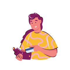 Woman holding wallet and bank card, symbolizing expense control, personal budget, and daily spending. Cartoon doodle style for finance, money management, or banking. Vector illustration.