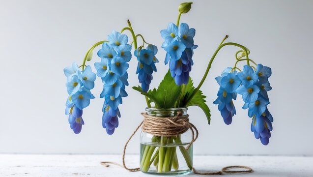 Grape hyacinth flower arranged in a vase on a plain white surface