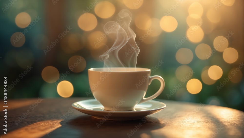 Poster steaming coffee on a weathered wooden table with a blurred backdrop of sunlight filtering through tr