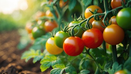 Fresh red and green tomatoes from a beautiful agricultural farm garden