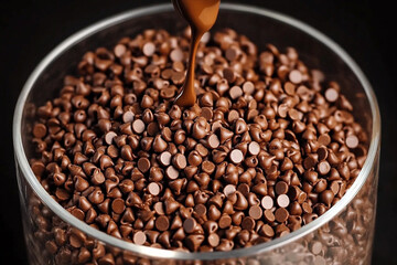 Fototapeta premium Close-up view of rich chocolate chips being poured into a clear glass container for baking or dessert preparation