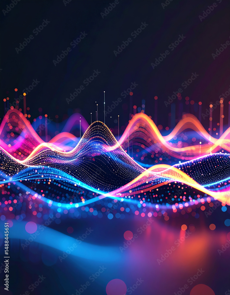 Poster vibrant waves of light and color create an abstract visual representation, reminiscent of sound wave