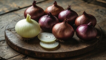 Healthy onions, both peeled and sliced, arranged on a wooden surface for cooking