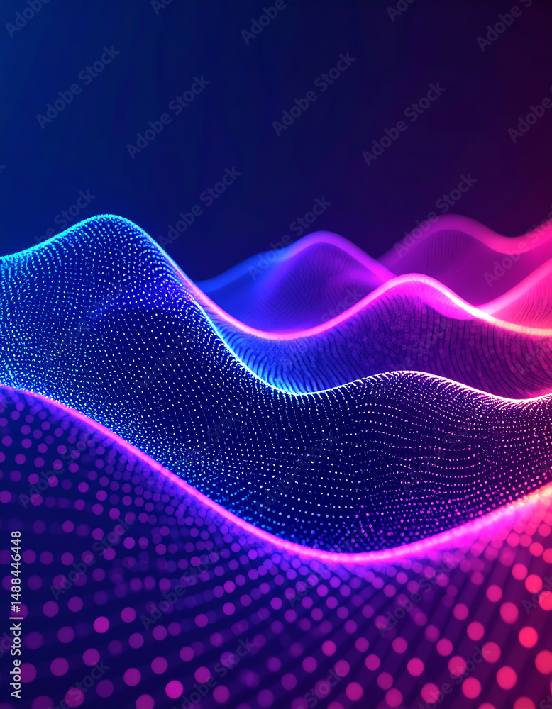 Poster vibrant digital waves in shades of blue and pink, creating a dynamic and futuristic visual effect wi