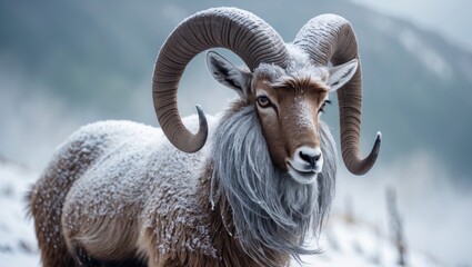 Elegant portrait of a male ibex surrounded by snow