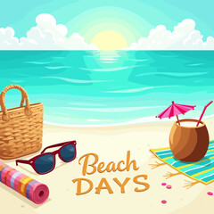 “Hello Summer Illustration with Watermelon, Flip Flops, Straw Hat, and Citrus Fruits – Fun Tropical Design”

