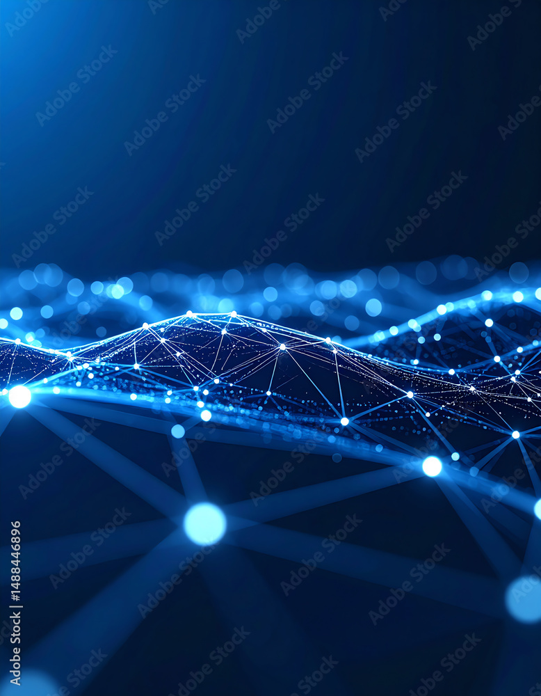 Poster abstract digital landscape with glowing blue connections and nodes, representing data flow or techno