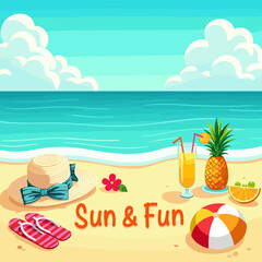 “Hello Summer Illustration with Watermelon, Flip Flops, Straw Hat, and Citrus Fruits – Fun Tropical Design”

