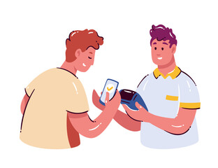 Man paying with smartphone using contactless terminal, symbolizing digital payments, cashless transactions, and modern finance. Cartoon doodle style for banking or e-commerce. Vector illustration.