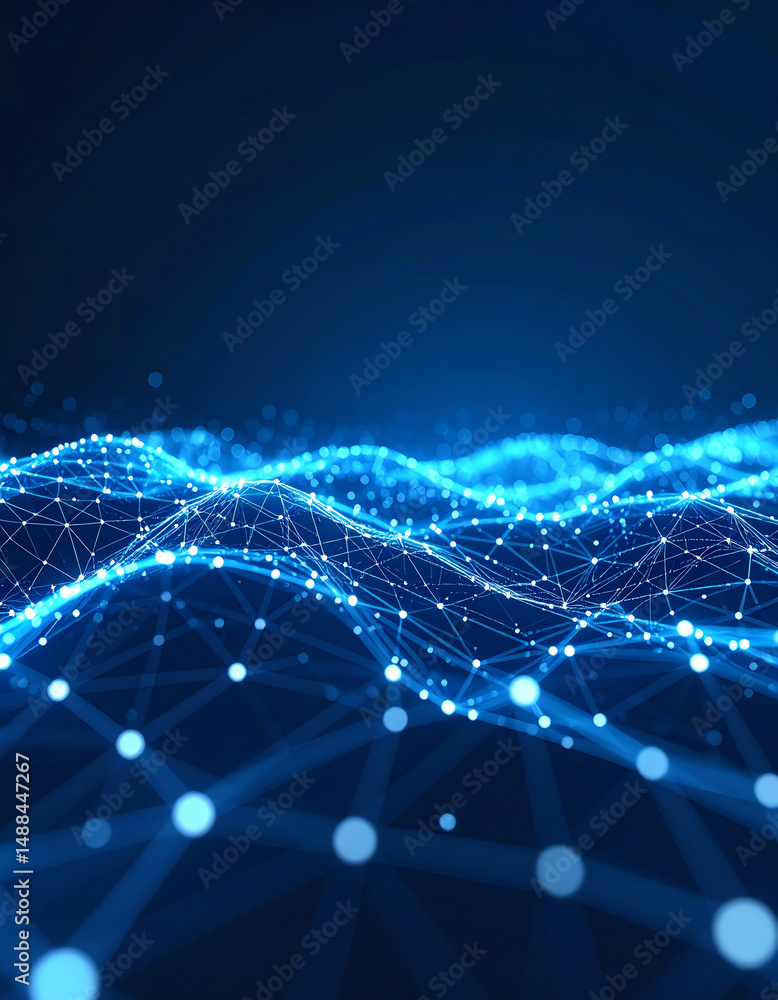 Poster a digital landscape featuring interconnected nodes and blue waves, symbolizing data flow and technol