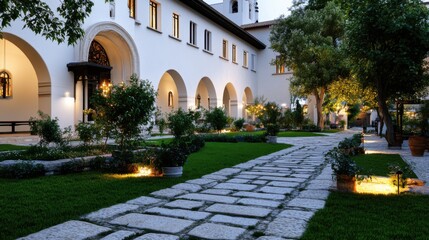 Obraz premium A tranquil courtyard features stone pathways surrounded by lush greenery and soft lighting, creating a peaceful atmosphere during twilight in a historic building
