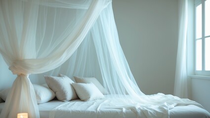 White mosquito net for bedroom interior design to create a calm and cozy atmosphere in hotels and resorts featuring a king size bed with a white mattress and a white backdrop with space for text.