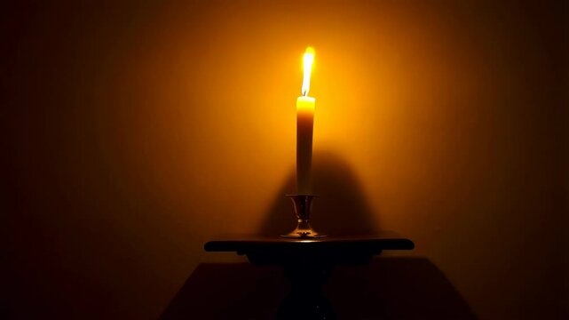 Single white candle burning brightly on small wooden table against dark orange wall, illuminating the surrounding area