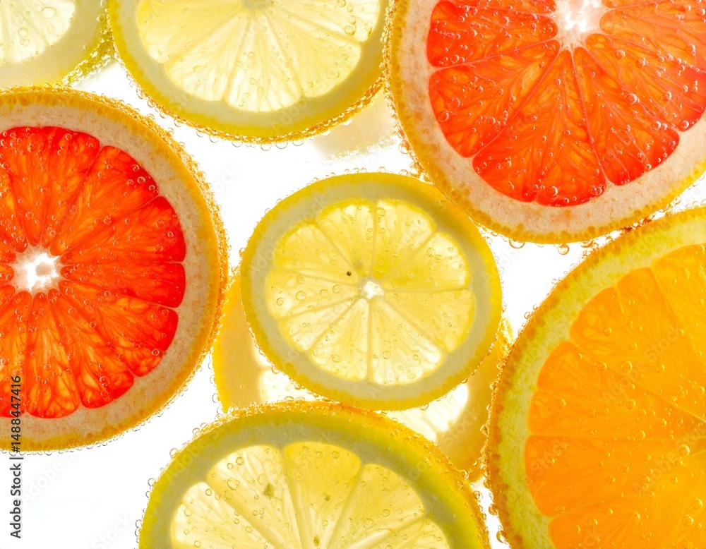 Poster vibrant citrus fruit slices submerged in sparkling water, creating a refreshing and visually appeali