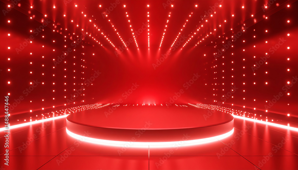 Poster a vibrant red stage with glowing lights and a circular platform, creating a dramatic atmosphere for 