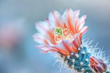 A delicate pink and white cactus flower blooms against a soft blue background, showcasing nature's resilience and beauty.