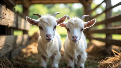 Fototapeta premium Charming duo of young white goats
