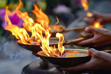 rituals temple ceremony with torches and fire lit Balinese