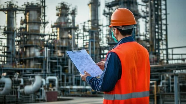 Refinery Assessment: A skilled engineer, clad in safety attire, meticulously reviews schematics amidst the sprawling complex of an industrial oil refinery, highlighting precision and expertise.