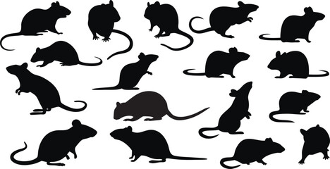 Collection of rat silhouettes in various poses, perfect for logos, tattoos, Halloween designs, pest control icons, and educational use. High-quality black rodent outline vector illustrations.