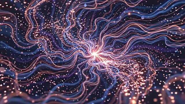 a cosmic tapestry of stars interlaced with luminous fibers, animated narration of movement within the universe, swirling patterns of color and light, depth achieved through layered rendering
