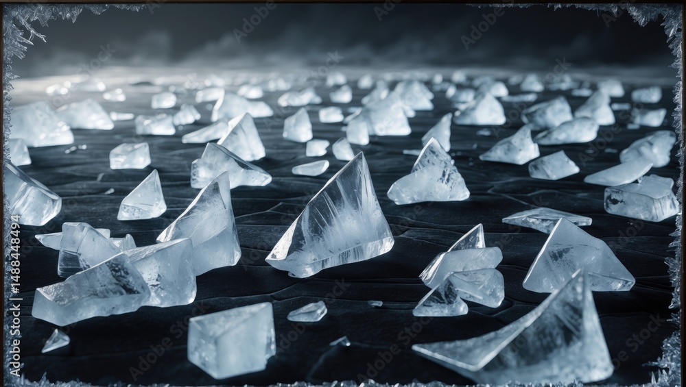 Poster smashed ice cubes on a black surface. chilly background. frame design in the form of a bottle.