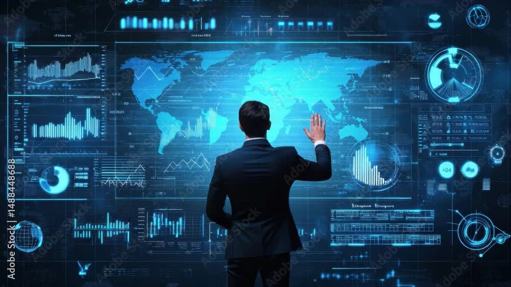 Aufkleber business professional analyzing digital world map with data visualization and interactive graphs in 