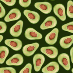 Seamless pattern with avocados on green background. Watercolor surface design of avocado halves for textile design, healthy food branding or eco packaging.