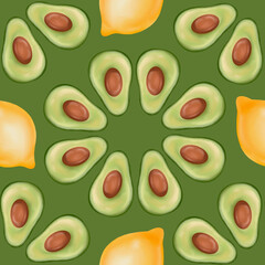 Seamless radial pattern with avocado and lemon on green background. Hand-painted avocado halves and yellow lemons for packaging, fabric, invitations, cards, posters in eco and organic style.