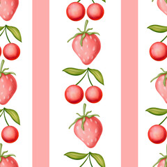 Strawberry and cherry vertical seamless pattern on pink and white stripes. Hand drawn background for wrapping paper and textile design, wedding invitations, greeting cards.