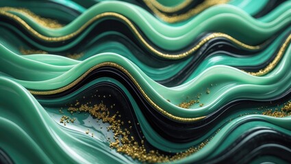 Abstract marble pattern with diagonal mint green waves and shimmering gold particles in fluid art.