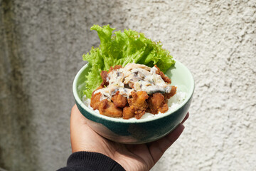 Crispy Fried Chicken Topped With Mushroom Sauce and Lettuce Served in a Green Bowl During Daytime