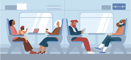 Train interior with traveling passengers. People travel by train.