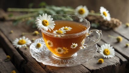 Warm chamomile beverage in a glass with flower buds nearby, emphasizing health and wellness.