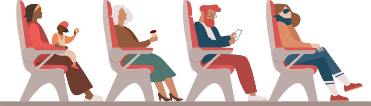 Group of traveling passengers seating on their seats.