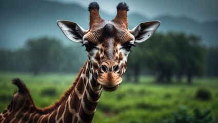 Obraz premium A curious male giraffe gazing at the camera as the rainy season concludes.