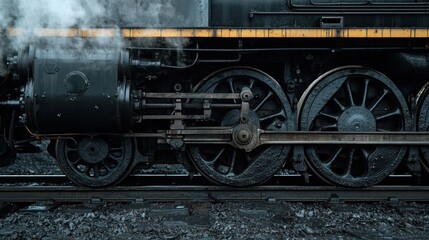 Naklejka premium Close-Up of Intricate Steam Train Wheels with Billowing Steam Rising from the Engine
