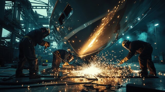 Skilled welder working on shipbuilding, sparks flying, industrial environment, safety gear, metal fabrication, construction, close-up shot.