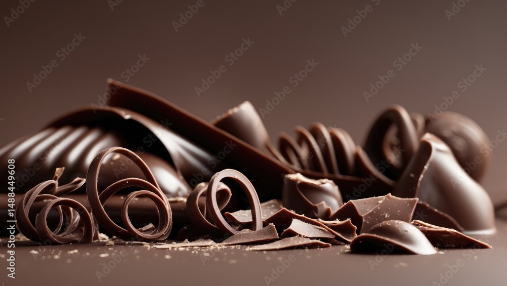 Poster gourmet chocolate curls arranged in a flat lay on a colorful design