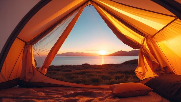 A camping tent shines in the sunrise sky - Powered by Adobe