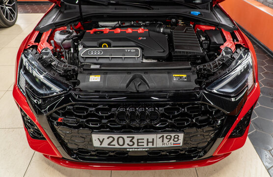 Engine Audi A3 RS 2.5 DNW TFSI quattro S tronic Inline 5-cylinder. The Carbon Fibre Engine Bay Of A Audi A3 RS. Audi RS 3 - Luxurious Car Exterior VAG Group car. 