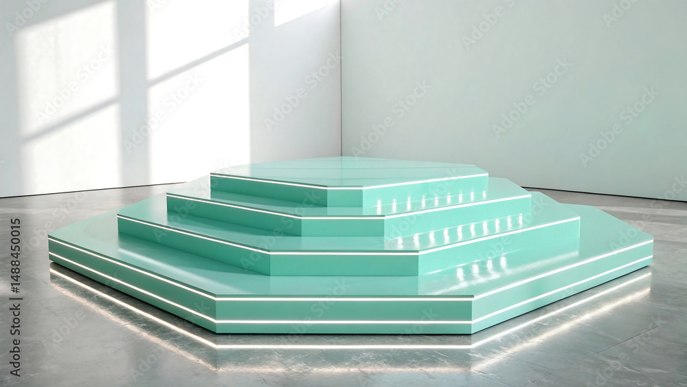 Poster modern mint green hexagonal display platform with led lighting