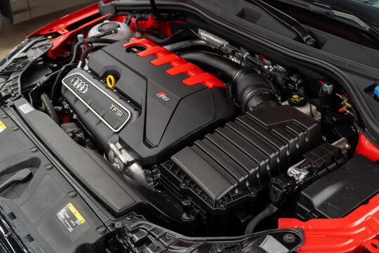 Engine Audi A3 RS 2.5 DNW TFSI quattro S tronic Inline 5-cylinder. The Carbon Fibre Engine Bay Of A Audi A3 RS. Audi RS 3 - Luxurious Car Exterior VAG Group car. 