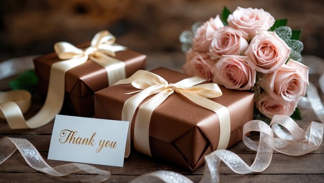 Surprise gift box with gratitude message, white flowers, and decorative ribbon for anniversaries