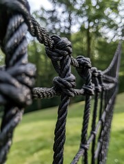 Close up of a black macrame net in a childrens playground nestled in a peaceful forest setting. The intricate rope design showcases quality craftsmanship amidst lush grass and tall trees