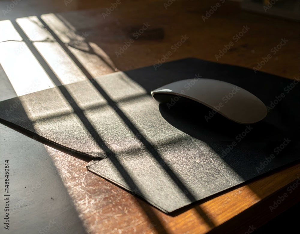 Poster sunlit desk with a mouse on a mousepad. a minimalist workspace bathed in sunlight.