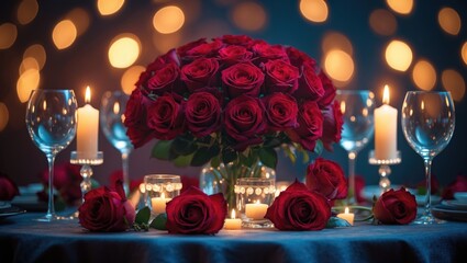 Naklejka premium A bouquet of red roses with candles placed on the dining table