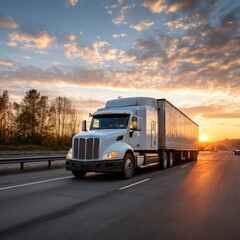 Tranquil Sunset Over Highway with a Freight Truck Transporting Goods on an Open Road Surrounded by Autumn Landscape and Beautiful Cloudy Skies