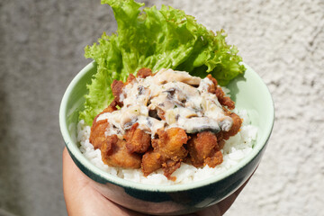 Fried Chicken Bowl With mushroom sauce and White Rice and Creamy Sauce on a Sunny Day