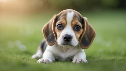 A tiny beagle puppy against a backdrop of blurred green grass.